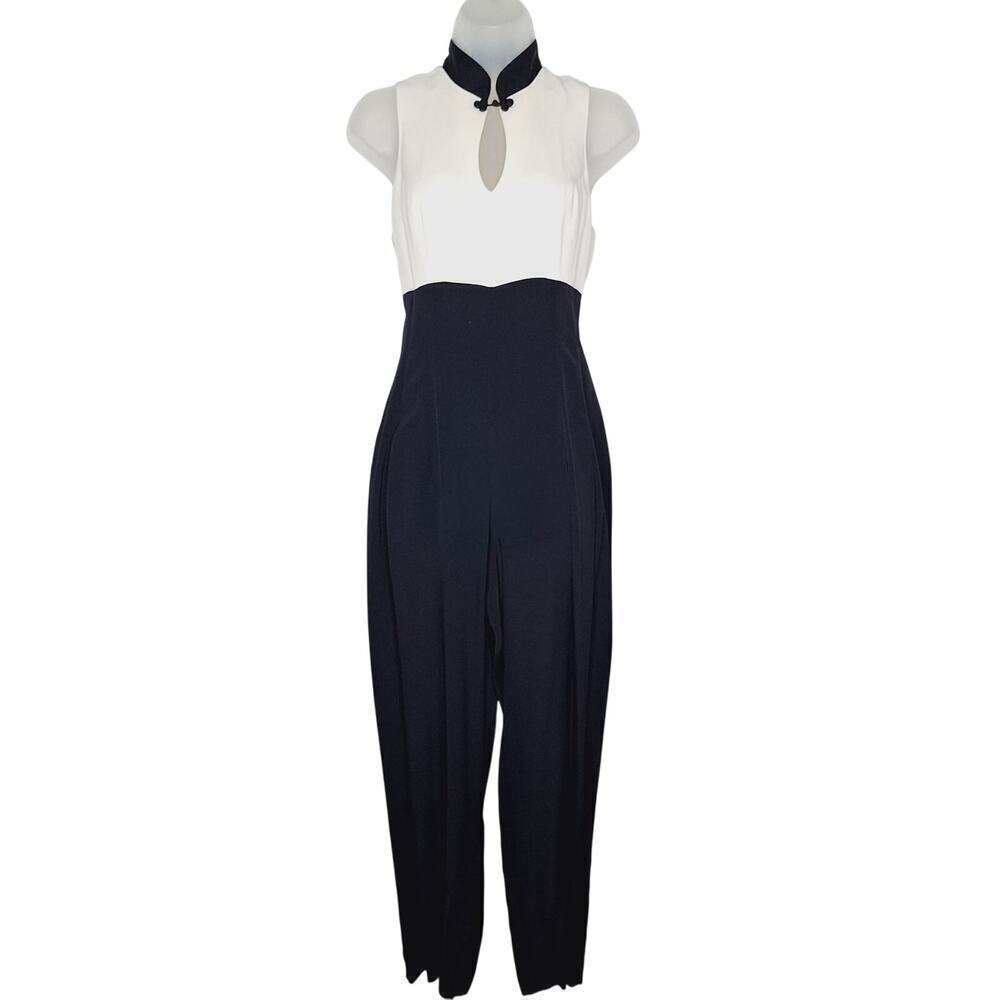 VTG 90s Bonnie Marx Jumpsuit 4 Black White Tuxedo Chinoiserie Frog Clasp Prom